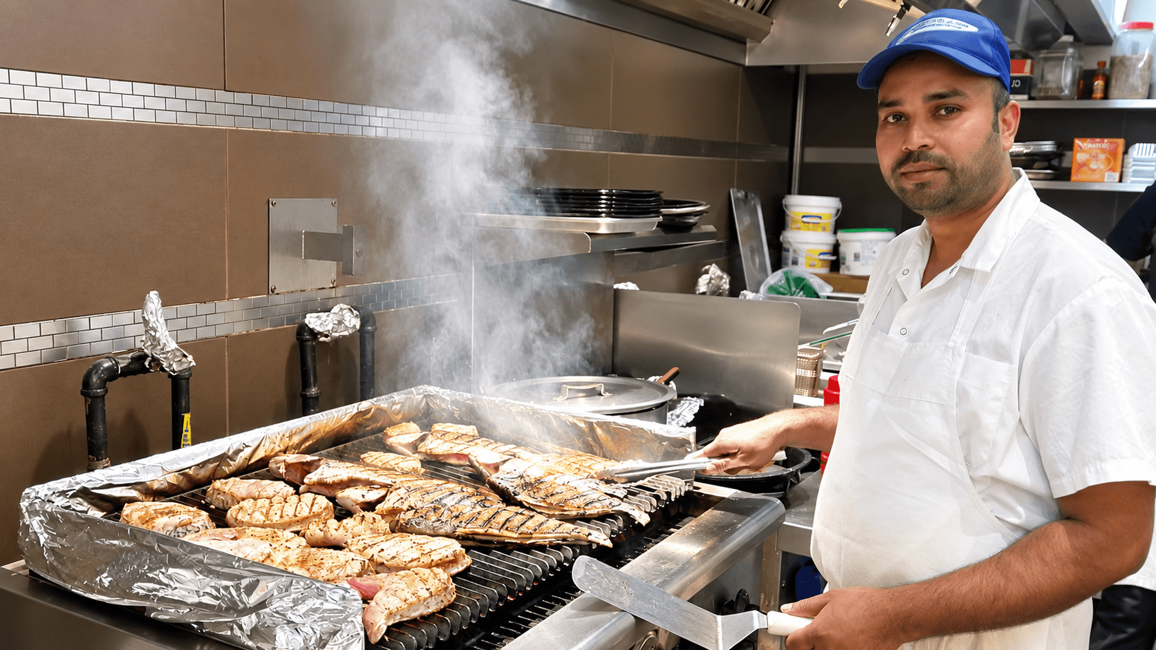 Chef devant le gril avec poissons en cuisson.