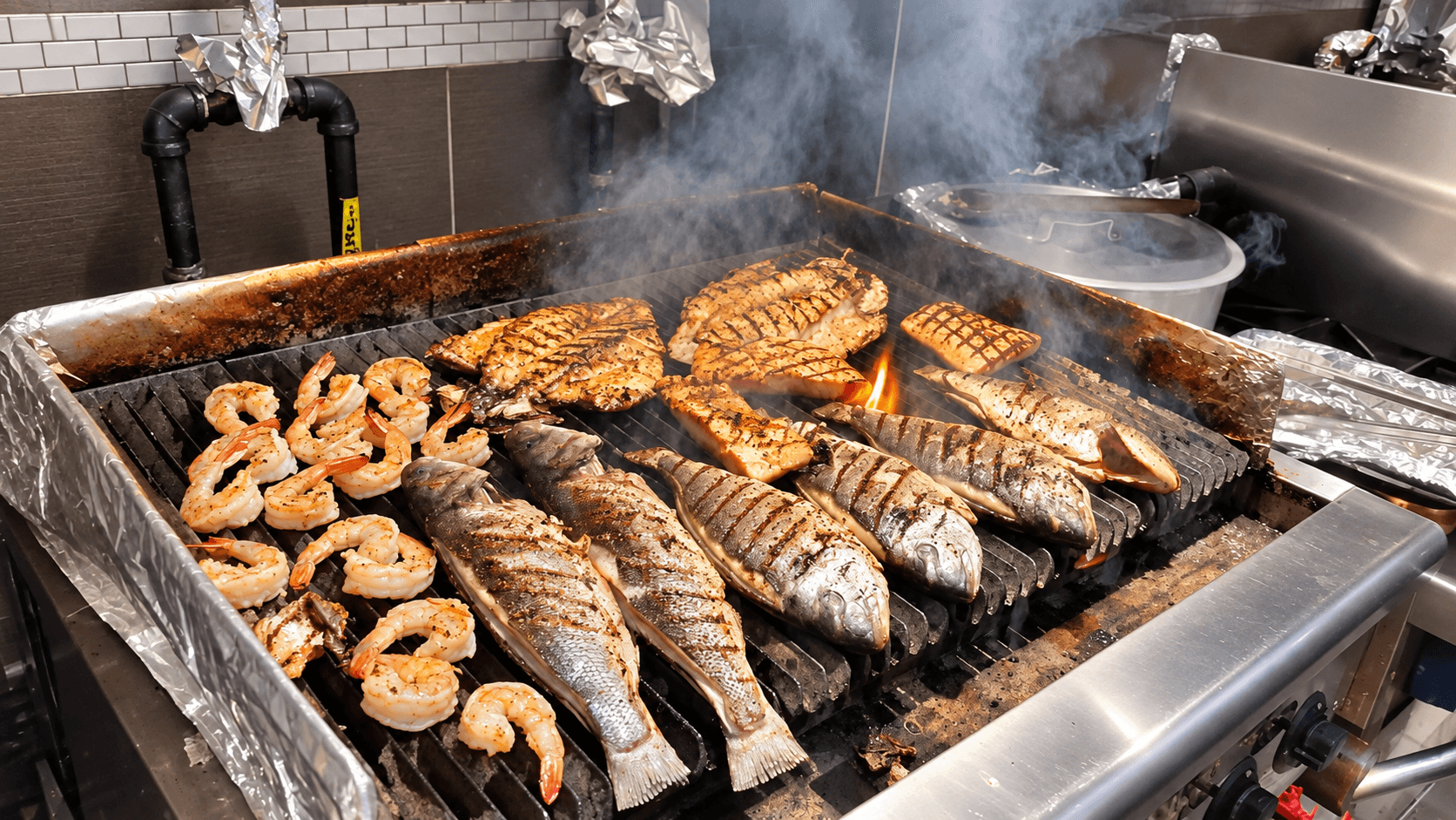 Poissons grillés dans la cuisine.
